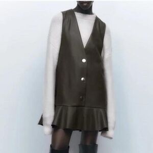 Zara Olive Faux Leather Drop Waist Dress with Ruffle Hem NWT